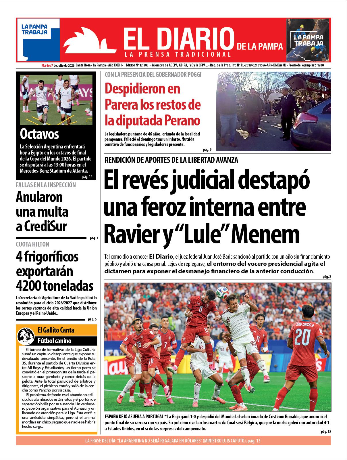 Tapa de El Diario en papel  martes 07 de julio de 2026